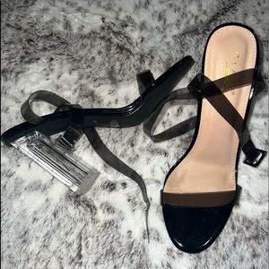 Black sole, clear square heel, clear gray straps